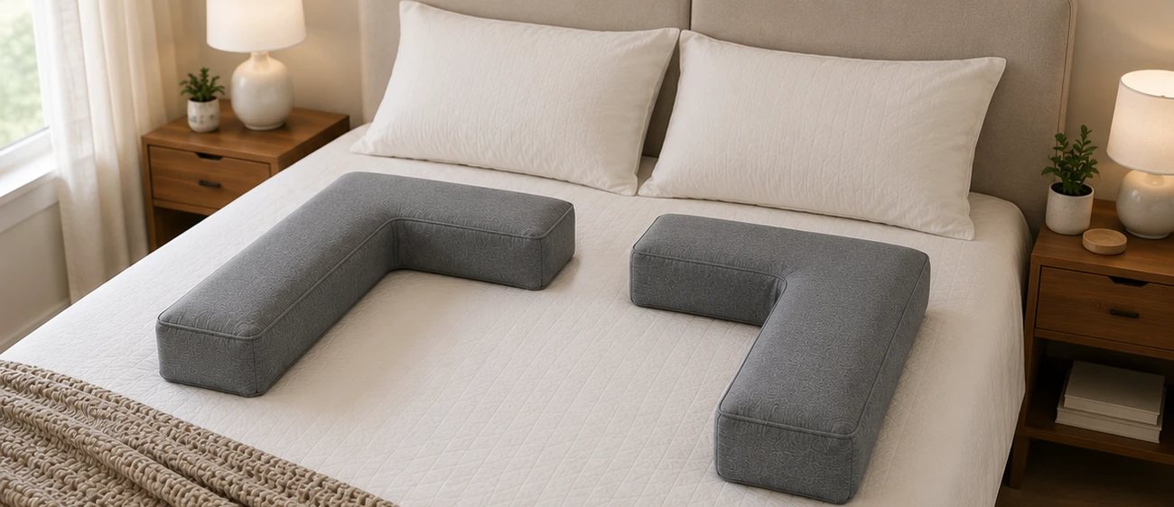A pair of grey L-shaped Cradle pillows arranged on a made queen bed in a warm, calm bedroom